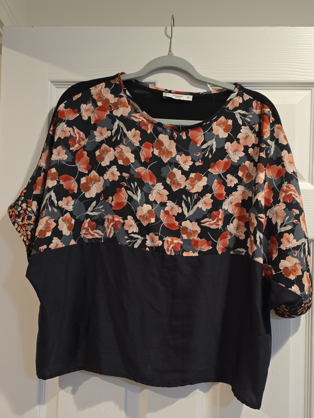 Mango Navy Floral Blouse with Rust and Cream Blooms